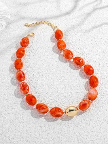 Chunky Beaded Necklaces for Women Statement Necklace | Bold Chunky Choker, Large Resin Beads, Adjustable Necklace, Boho Trendy Summer Beach Holiday Jewelry - color: Orange