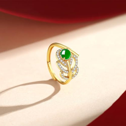 MRW Rings For Women Handmade Natura Green 925 Sterling Silver Gold Plated Zircon Ring Jewelry For Women - color: NATURAL JADE（Leaf Designs）