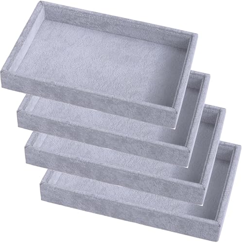 4pcs 9"x5.7" Velvet Jewelry Tray Jewelry Display Tray Stackable Plate Tray | Jewelry Organizer Trays for Earrings Necklaces Bracelet Rings Display Showcase - Grey - color: Grey, size: Flat Tray 9"x5.7"