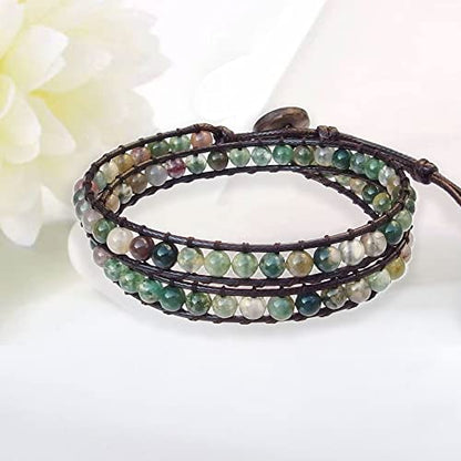 Genuine Stone Wrap Bracelets for Women Natural Crystal Beaded Wrap Bracelet 2/3/5 Adjustable Bohemian Bracelets Jewelry Gifts for Women Mom - color: Indian agate(2 wraps)