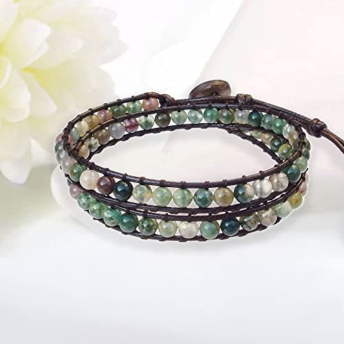 Genuine Stone Wrap Bracelets for Women Natural Crystal Beaded Wrap Bracelet 2/3/5 Adjustable Bohemian Bracelets Jewelry Gifts for Women Mom - color: Indian agate(2 wraps)