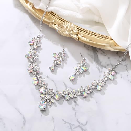 Women's Wedding Jewelry Set Leaf Flower for Bridal Prom Party | Stunning Crystal Teardrop Marquise Cluster Pendant Necklace Dangle Earrings Set for Bride Bridesmaid - color: Iridescent AB Silver-Tone