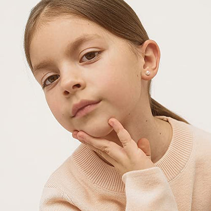 In Season Jewelry Pink Simulated Pearl Kids Earrings - 925 Sterling Silver Hypoallergenic Earrings for Girls with Safety Screw Backs - Safe & Comfortable for Toddlers, Kids & Little Girls, 3mm-5mm