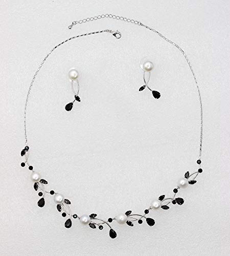 Faship Genuine 10mm Freshwater Pearls Floral Necklace Earrings Set | Premium CZ Crystal, Gorgeous, Sparkling - color: Black