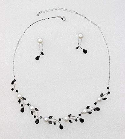 Faship Genuine 10mm Freshwater Pearls Floral Necklace Earrings Set | Premium CZ Crystal, Gorgeous, Sparkling - color: Black