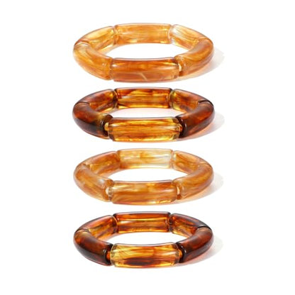GOOJIDS Simple Beaded Gold Plated Bangles Bracelet Chunky Bamboo Tube Curved Stacking Clear Acrylic Colorful Beads Stretchable Gold Plated Bracelets Set For Women - color: S-Brown 4pc Set