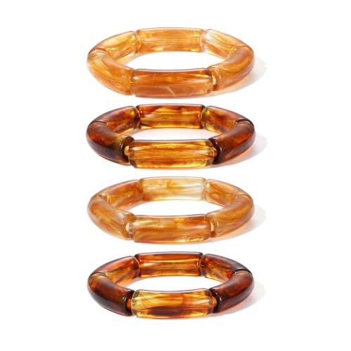 GOOJIDS Simple Beaded Gold Plated Bangles Bracelet Chunky Bamboo Tube Curved Stacking Clear Acrylic Colorful Beads Stretchable Gold Plated Bracelets Set For Women - color: S-Brown 4pc Set