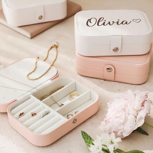 Personalized Jewelry Box Gifts for Women Custom Travel Jewelry Case Organization Leather Customized Birthday Anniversary Bridesmaid Gifts - color: 005-White-Big Heart