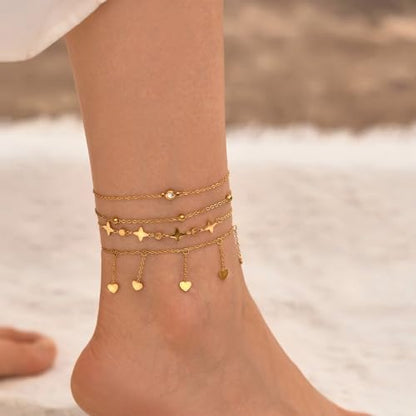 LOFITOR Anklets for Women Ankle Bracelet Charm Link Chain Set Foot | Waterproof Dainty Cz Evil Eye Beaded Anklets Adjustable Beach Foot Jewelry Feet Chains, Summer Beach Foot Jewelry Gifts - style: Heart Silver