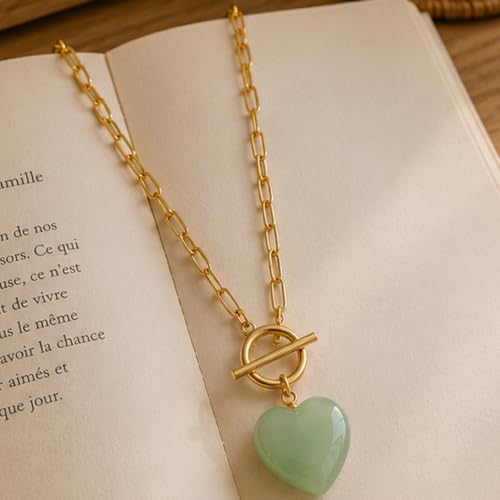 Teardrop CZ Pendant Paperclip Chain Necklace 18K Plated Paperclip Toggle Necklace Jewelry Birthstone Gift for Women - color: Heart Green Aventurine