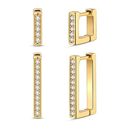 2 Pairs 14K Gold Plated Minimalist Hoop Earrings Small Dainty Geometric Square and Rectangle Huggies Hoops for Girls Women Gift, gold, silver and black - color: Gold-CZ