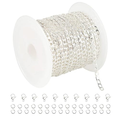UMAOKANG 16.4 Feet Silver Cuban Chains for Jewelry Making Silver Plated Brass Necklace Chain on Spool with Jump Rings and Lobster Clasps - color: Silver Cuban