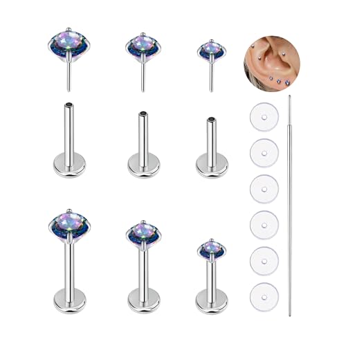 20G Flat Back Earrings Studs 18G Nose Rings 24K Gold Plating 3 Pairs Titanium Threadless 16G Cartilage Earrings for Women Men Tragus Conch Helix Medusa Lip Piercing Jewelry - color: polish VM cz, size: 18G