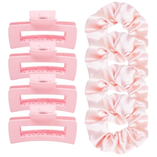 8pcs Hair Clips and Scrunchies Set for Women – 4 Non-Slip Matte Claw Clips, 4 Big Satin Scrunchies, Hair Accessories for Thick Thin Hair, Birthday/Party/Daily Use, Pink - color: Light Pink