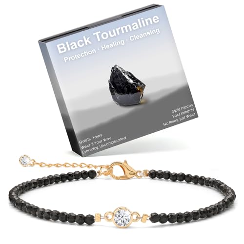 Raicegs Anklets for Women Handmade Beach Boho Ankle Bracelet 3mm Natural Stone Beaded Ankle Bracelet 14K Gold Plated Zircon Pendant Adjustable Crystal Gemstone Anklet Jewelry Gift for Her - color: Black Tourmaline