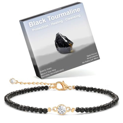 Raicegs Anklets for Women Handmade Beach Boho Ankle Bracelet 3mm Natural Stone Beaded Ankle Bracelet 14K Gold Plated Zircon Pendant Adjustable Crystal Gemstone Anklet Jewelry Gift for Her - color: Black Tourmaline