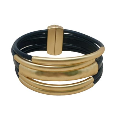 Bracelets for Women Leather Bracelet Multi-Layer Rope Wrap Bangle 14k Gold Plated Cirle Hollow Tube Boho Cuff Bangle Bracelets for Women Gift - style: Tube-Black Leather Bracelet