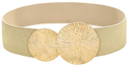 Women Wide Stretchy Waist Belts Elastic Cinch Belt for Dresses - color: Bling Beige Band Gold Buckle, size: Fit Waist 34"-37"
