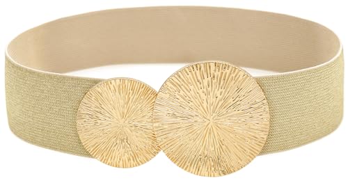 Women Wide Stretchy Waist Belts Elastic Cinch Belt for Dresses - color: Bling Beige Band Gold Buckle, size: Fit Waist 32"-34"