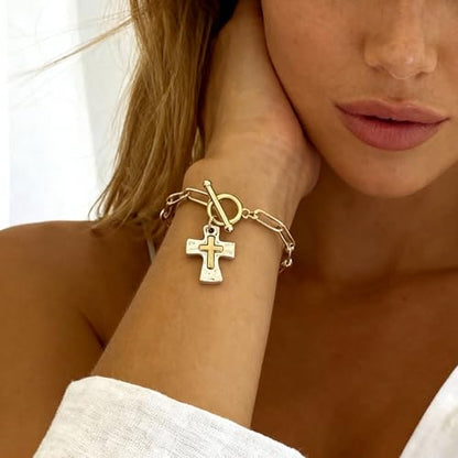 Cross Bracelet for Women Vintage Style Two-Tone Cross Chain Bracelet Gold Plated Paperclip Link Adjustable OT Clasp Jewelry