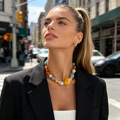 Chunky Acrylic Beaded Necklace for Women Colorful Acrylic Resin Beaded Choker Big Round Beads Statement Necklace Fashion Jewelry - color: Yellow