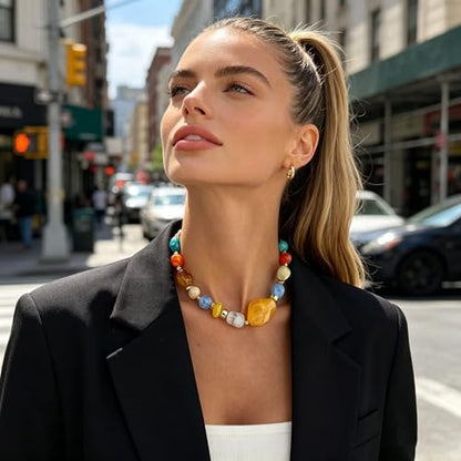 Chunky Acrylic Beaded Necklace for Women Colorful Acrylic Resin Beaded Choker Big Round Beads Statement Necklace Fashion Jewelry - color: Yellow