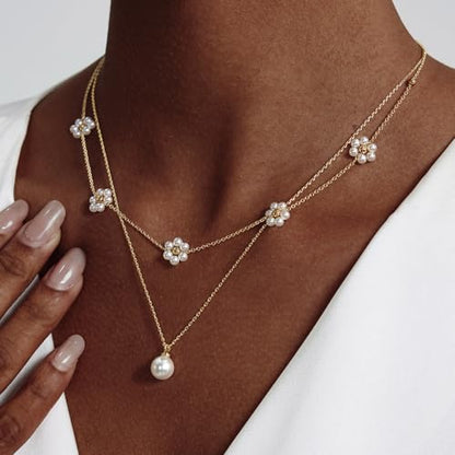 OGD Gold Pearl Necklace Set for Women 14K Plated Layered Daisy Choker Gift - color: Gold Daisy Pearl-2PCS