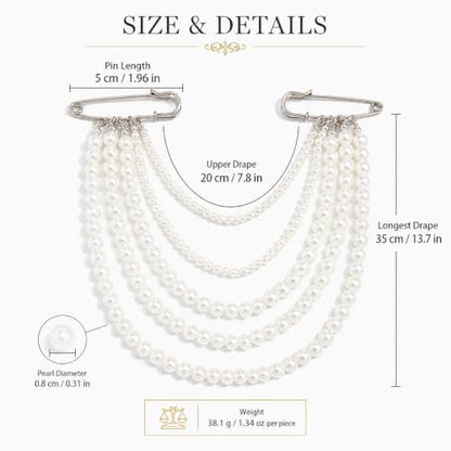 Pearl Pin Brooch for Women Men Vintage Multi Layer Faux Beaded Shoulder Jewelry U Shaped Lapel Chain Accessory Gift