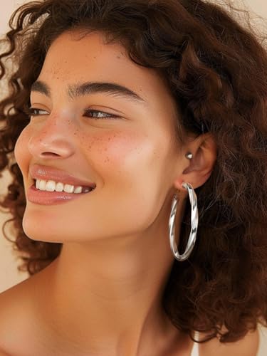 FindChic Twisted Hoop Earrings for Women, Silver/Black/14K Gold Plated Hypoallergenic Hollow Tube Rounded Loop Earrings, 30mm/40mm/60mm/80mm Hoops with Custom Name Options and Gift Box - color: b.Silver, size: 60MM