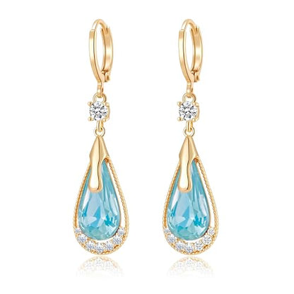 Trendy Austrian Crystal Teardrop Drop Huggie Dangle Earrings for Women 14k Rose Gold Plated Hypoallergenic Jewelry Gifts - color: Aquamarine