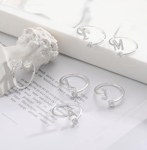 KOHOTA Gold Silver Initial Rings for Women Non Tarnish Adjustable Ring | 14K Gold Plated Stackable Ring for Women Trendy, Letter CZ Thumb Pinky Ring, Dainty Open Birthday Jewelry Gifts - color: SILVER-E