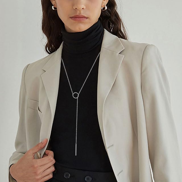 FOCALOOK Long Necklaces for Women, 14K Gold Plated Lariat Drop Bar Pendant | Hypoallergenic, 28"-30" Long Y-Shaped Chain, Layered Look, Minimalist Trendy Jewelry, Pairs Perfectly with V-Necklines - color: 01:Silver