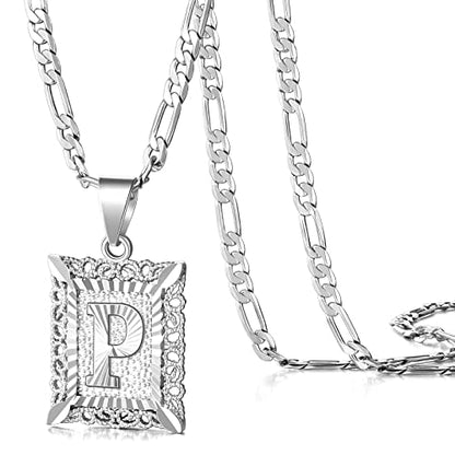KissYan Initial Necklaces for Women Men | 14K Gold Filled/White Gold Plated, Square Letter Capital Monogram Pendant with 20''+2'' Figaro Chain, Alphabets from A-Z - color: 2-Silver, style: P