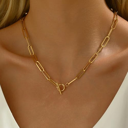 Chunky Gold Necklace for Women, 18K Gold Plated Paperclip, Figaro Link Chain Necklace, Toggle Clasp Necklaces, Trendy Non Tarnish Jewelry, Christmas Gifts - style: Paperclip Toggle 17.7''-Gold