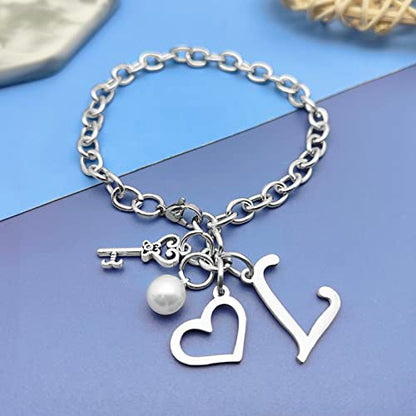 Initial A-Z Bracelets Gift for Women Girls Stainless Steel Chain Bracelet 26 Alphabet Jewelry Gifts for Birthday Anniversary Letter Bracelet Monogram Gifts for Sister Friend Girlfriends Mom 8.26 Inch - color: L