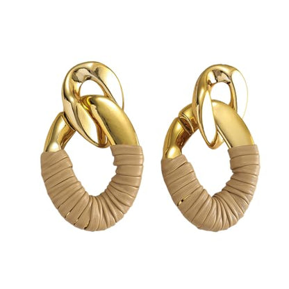 Chunky Gold Acrylic Chain Statement Earrings for Women,Exaggerated Thick Chain Artificial Leather Wrap Dangle Earrings Trendy Geometric Ear Jewelry - color: Brown