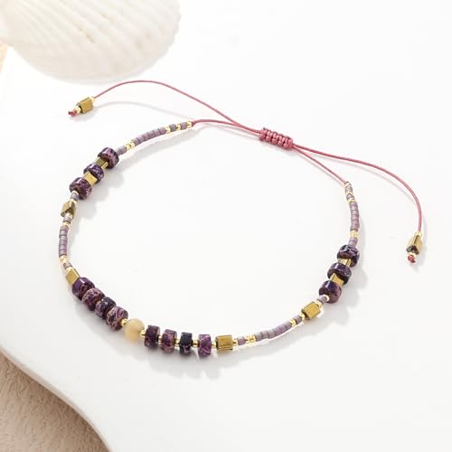KELITCH Crystal Agate Friendship Bracelet Handmade Seed Beads Adjustable Bracelets for Women - color: Purple