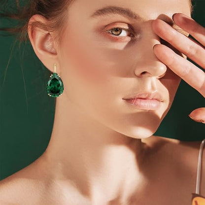 14K Gold Teardrop Crystal Leverback Earrings Sparkly Rhinestone Water Droplet Dangle Drop Earrings For Women - color: Green