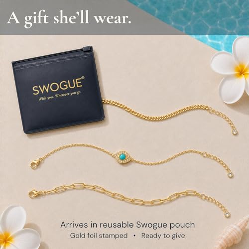 Gold Anklets for Women Waterproof, 14K Gold Layered Ankle Bracelet, Cuban, Herringbone, Paperclip, Beaded or Turquoise Evil Eye Chain Styles, Dainty Non-Tarnish Adjustable Stainless Steel