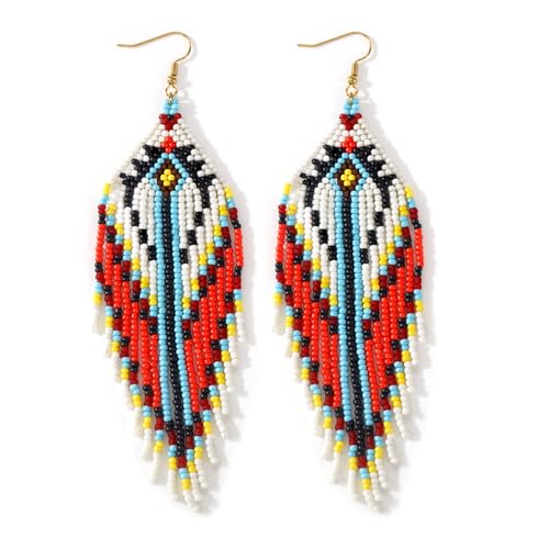 Bohemian Tassel Colorful Beaded Earrings For Women Trendy, Long Fringe Feather Drop Jewelry Handmade Gifts. - color: color4