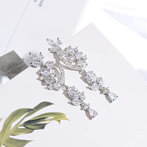 CZ Bridal Earrings for Wedding - 14k Plated Sterling Silver Elegant Teardrop Cubic Zirconia Crystal Rhinestone Floarl Leaf Cluster Chandelier Statement Dangle Drop Earrings for Bride Bridesmaids Party - color: Floral - Silver
