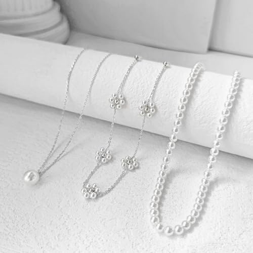 Zeffy Gold Pearl Necklace for Women, Dainty 14K Gold/Silve Plated Layered Pearl Choker Pearl Earrings Pearl Bracelets Wedding Trendy Gold Jewelry Set for Women Gifts - style: Silver Daisy Pearl Necklace-3PCS