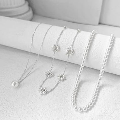 Zeffy Gold Pearl Necklace for Women, Dainty 14K Gold/Silve Plated Layered Pearl Choker Pearl Earrings Pearl Bracelets Wedding Trendy Gold Jewelry Set for Women Gifts - style: Silver Daisy Pearl Necklace-3PCS