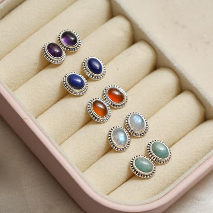 Genuine Gemstone Stud Earrings Oxidized 925 Sterling Silver Stud Earrings Trendy Western Jewelry Everyday Wear Gift For Her