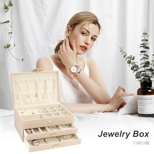 Jewelry Box, 3-Tier with 2 Drawers, Beige, Modern, Women's Jewelry Organizer - color: 3-Layer Apricot, size: 3-Layer