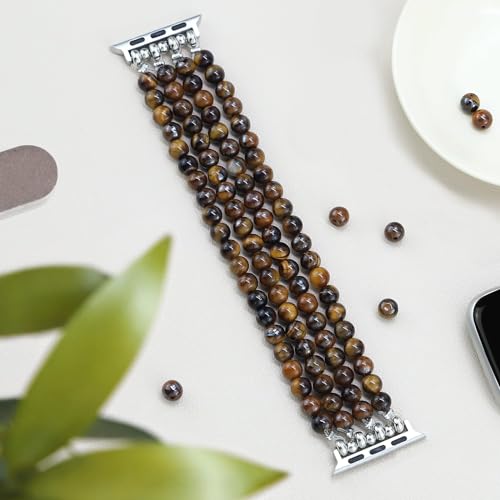 Newlibery Natural Stone Bracelet Beaded-Bands Women Compatible with Apple Watch 38mm 40mm 41mm 42mm (S10/11) Feminine Cute Handmade Stretch Strap for iWatch Series 11/10/9/8/7/6/5/4/3/2/1 SE 3/2/1 - color: A6 Tiger's Eye, size: 38/40/41/42mm(s10/11)