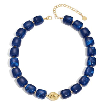 Beaded Necklaces for Women Boho Chunky Necklace Statement Big Resin Bead Choker Fashion Summer Beach Jewelry - color: Royal Blue