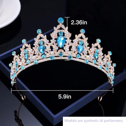 Kamirola Bridal Wedding Tiara Crown Jewelry Set for Women/Brides/Bridesmaids Crystal Jewelry Set for Wedding Prom Party Bridal Crystal Necklace Earrings Bracelet Set(TR60) - color: Gold Skyblue