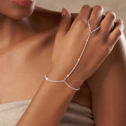 Cuzmly Bracelets for Women, Waterproof 14K Gold/Silver Plated Stackable Bracelets for Women Non Tarnish Trendy Dainty Paperclip Figaro Box Herringbone Hand Chain Bracelet Pack Stack Adjustable Jewelry for Women - style: Hand Chain A