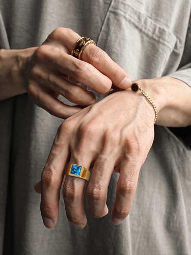KeyStyle Square Gemstone Signet Rings for Men, Personalized Stainless Steel Pinky Ring with Black Onxy Blue Topaz Birthstone Statement Ring - color: Gold - Blue Topaz - 8mm